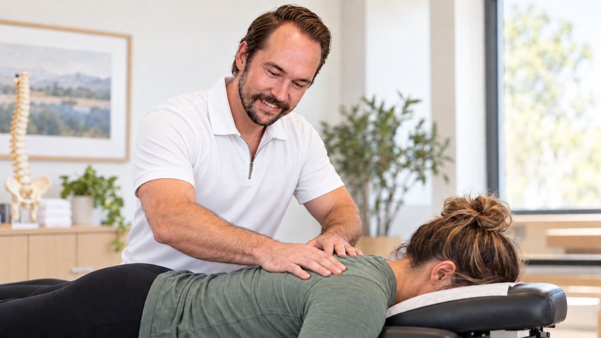 Chiropractor giving hands-on care to a patient's upper back at Back Pain Center Wentzville